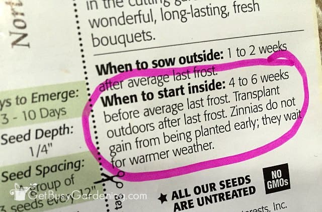 "When to start inside" text on a seed packet