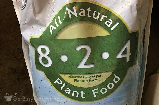 N-P-K nutrients on bag of gardening fertilizer
