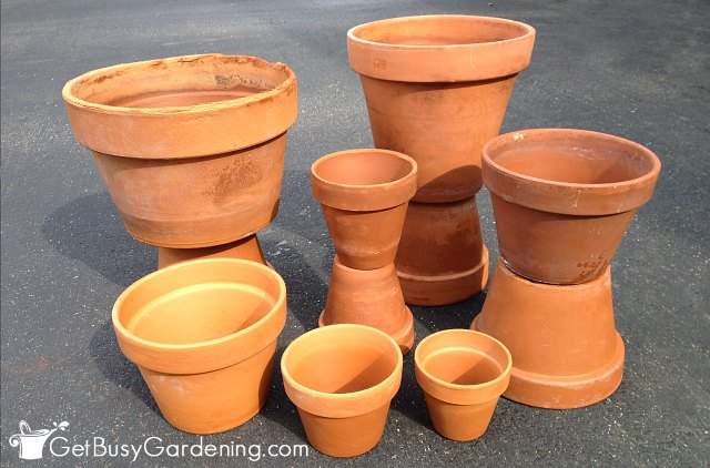 A variety of terracotta pots ready to paint