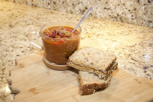 Chili from scratch with a peanut butter sandwich