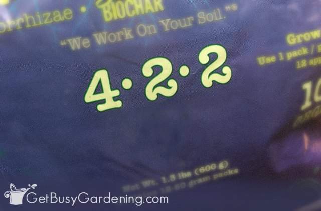 N-P-K numbers on a potted plant food bag