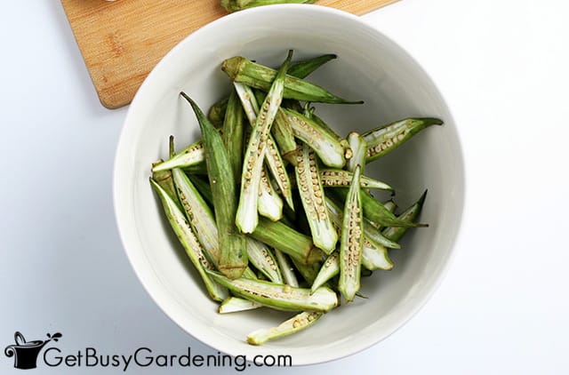 Sliced okra pieces in a bowl