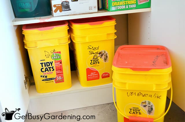 Keeping leftover potting soil in sealed buckets