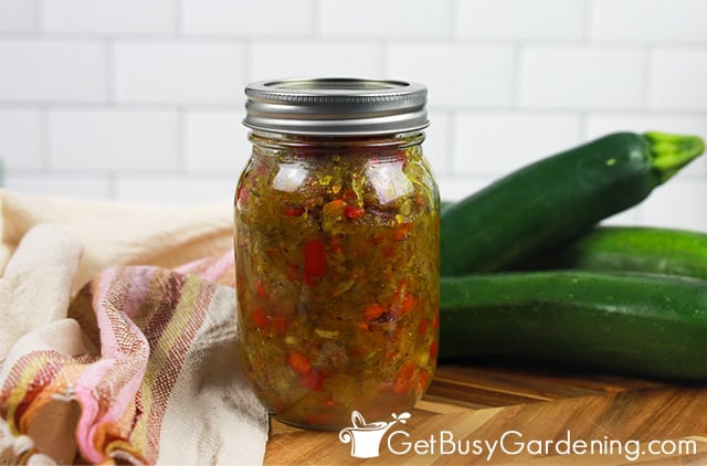 Canned zucchini relish ready for storage