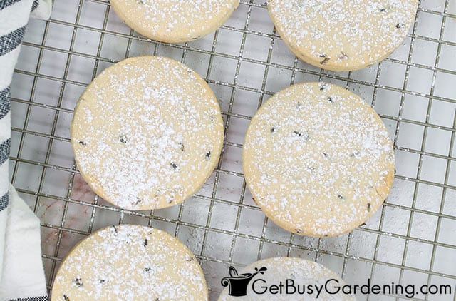 Cooled lavender cookies dusted with powdered sugar