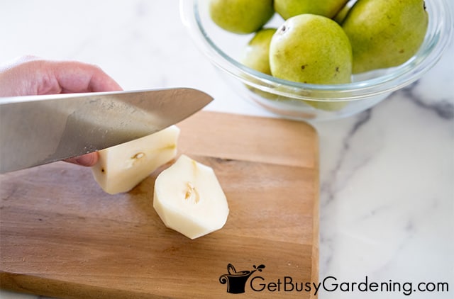 Cutting up pears before canning