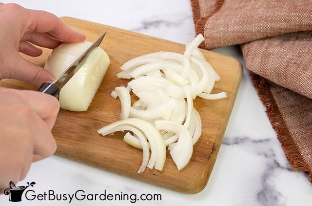 Slicing white onions to make jam