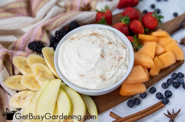 Bowl of simple fruit dip with cream cheese