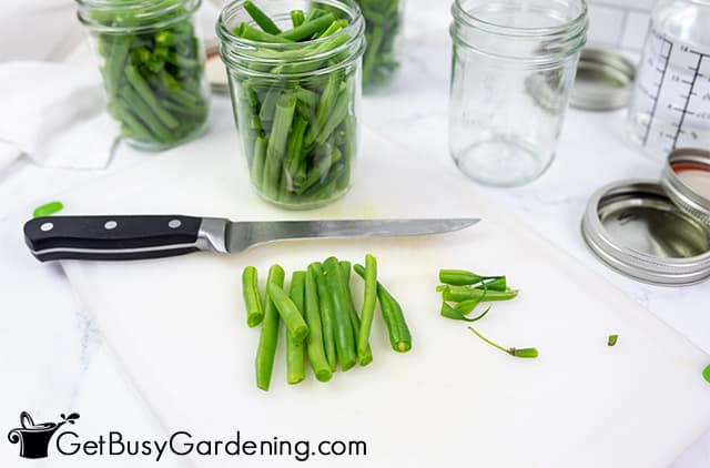 Cutting up green beans before canning