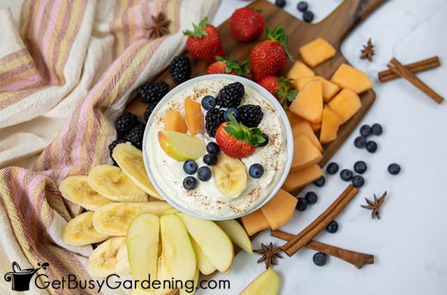My cream cheese dip on a fruit tray