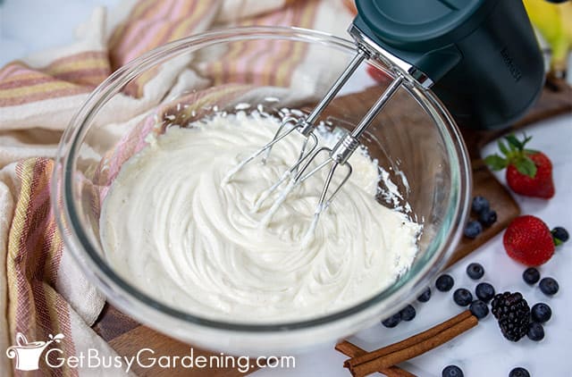 Whipping the yogurt and cream cheese together