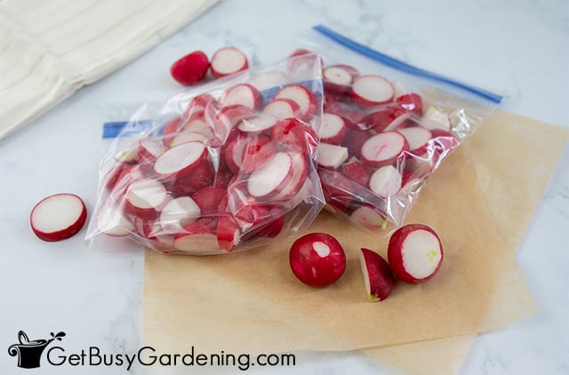 Freezer bags filled with sliced radishes