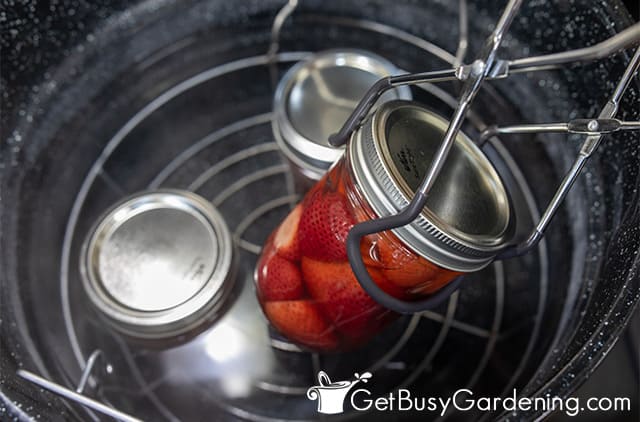 Putting a jar of strawberries into the canner