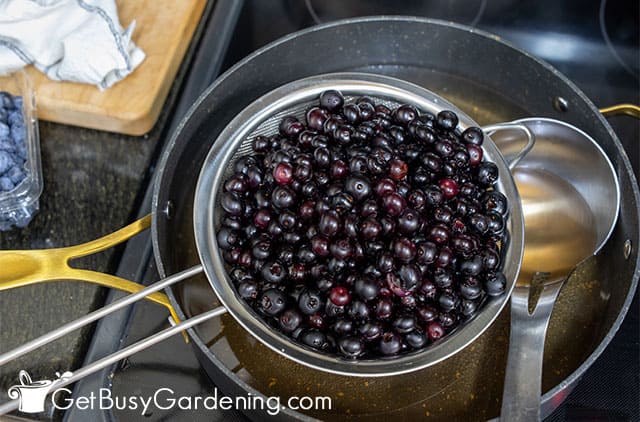 Straining blueberries before hot packing the jars