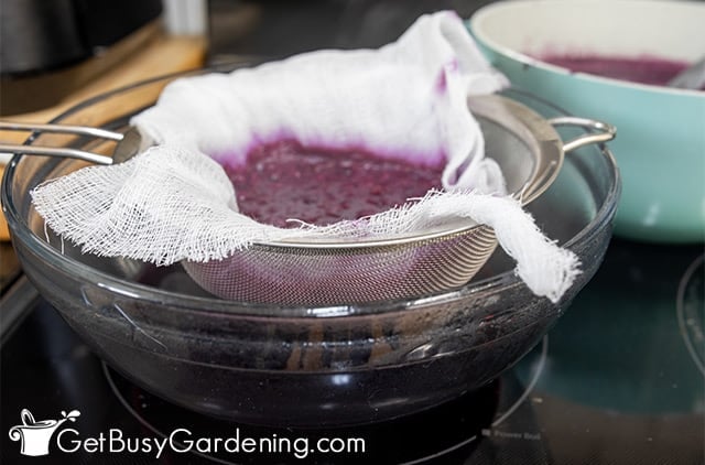 Straining juice from blueberries to make jelly