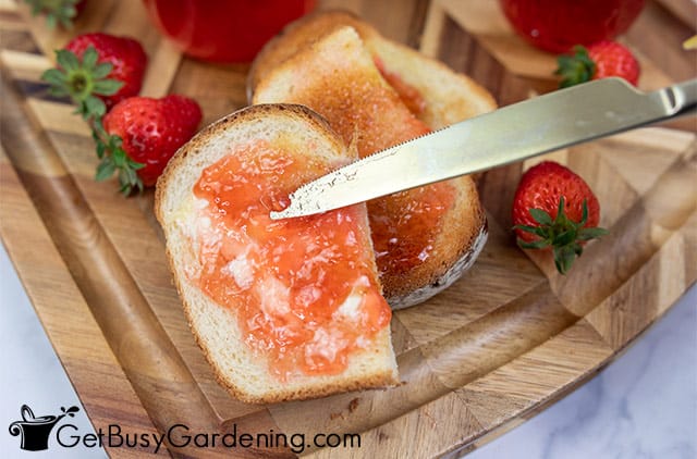 Homemade strawberry jelly spread on toast