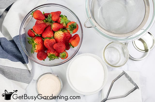 Ingredients to make strawberry jelly