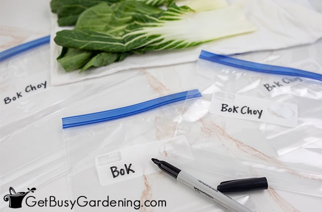 Labeling bok choy with the date frozen