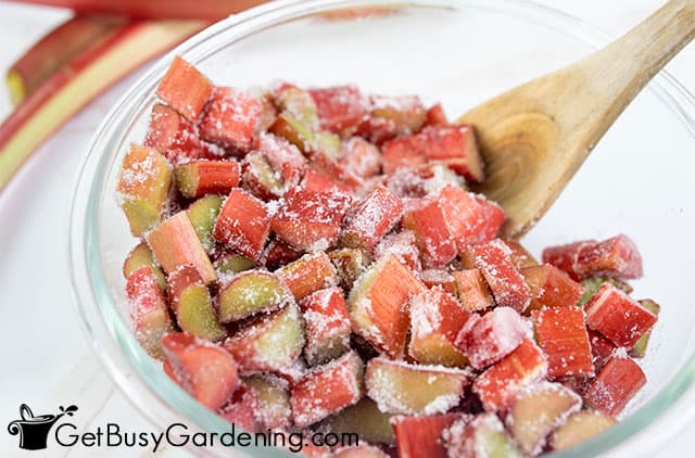 Mixing sugar with rhubarb for jam