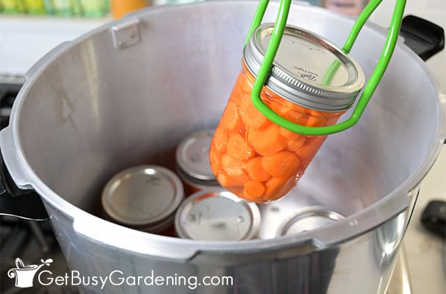 Putting a jar of carrots into the canner