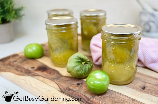 Canned tomatillos cooling after processing