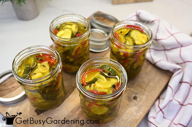 Jars filled with homemade sweet pickles