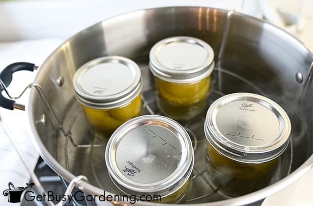 Water bath canner filled with jars of tomatillos