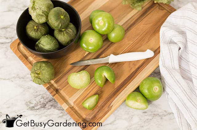 Cutting up tomatillos to freeze