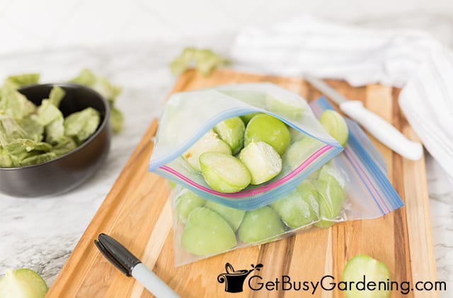 Freezer bags filled with tomatillo wedges
