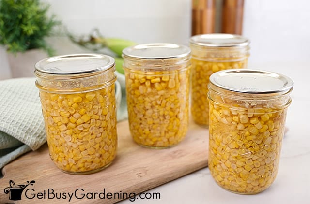 Jars of canned corn ready for storage