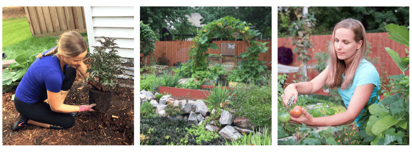 Amy and her gardens 3 picture collage.