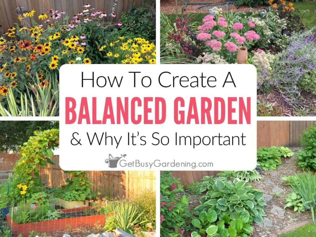 Four-photo collage of my flower, vegetable, and shade gardens with text overlay: "How To Create A Balanced Garden & Why It’s So Important."