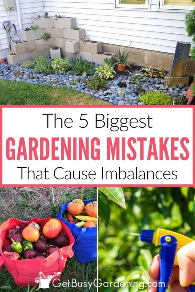 Collage showing a landscaped garden bed beside a house, bags filled with harvested vegetables, and closeup of a hand spraying a plant. Text reads: "The 5 Biggest Gardening Mistakes That Cause Imbalances."