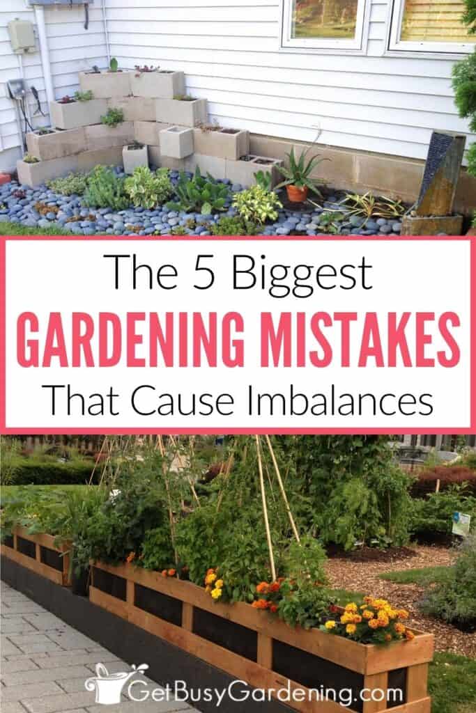 Collage showing a landscaped garden bed beside a house and a lush raised vegetable garden filled with tall plants and flowers. Text reads: "The 5 Biggest Gardening Mistakes That Cause Imbalances."