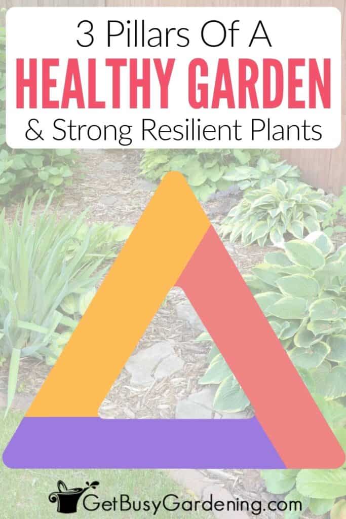 Faded garden background with a large three-part triangular graphic representing the 3 Pillars, and the text "3 Pillars of a Healthy Garden & Strong Resilient Plants."